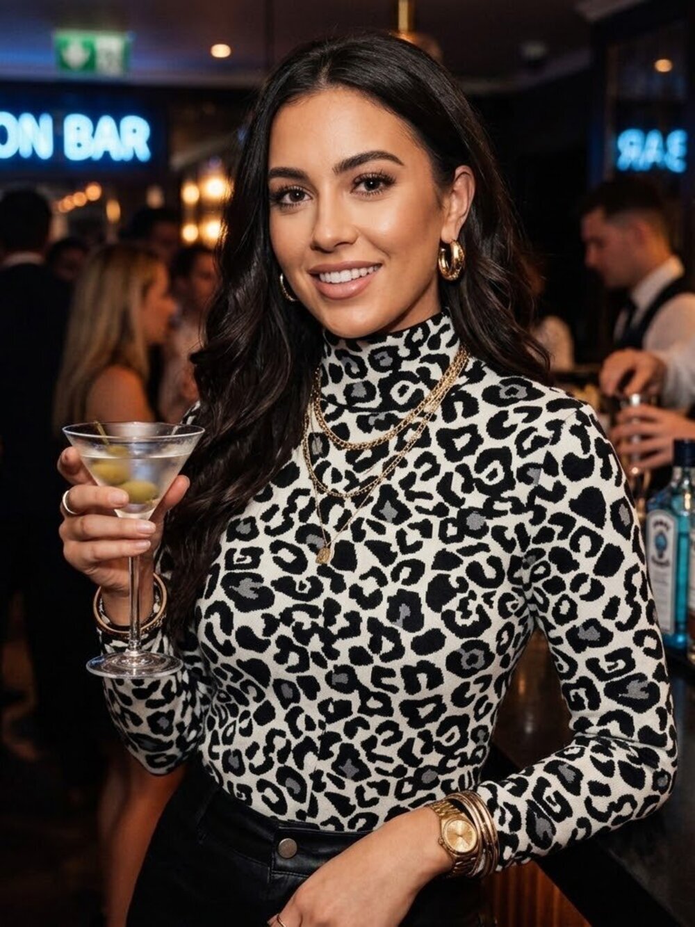 River Island Black & White Leopard Animal Print Mock Neck Turtleneck